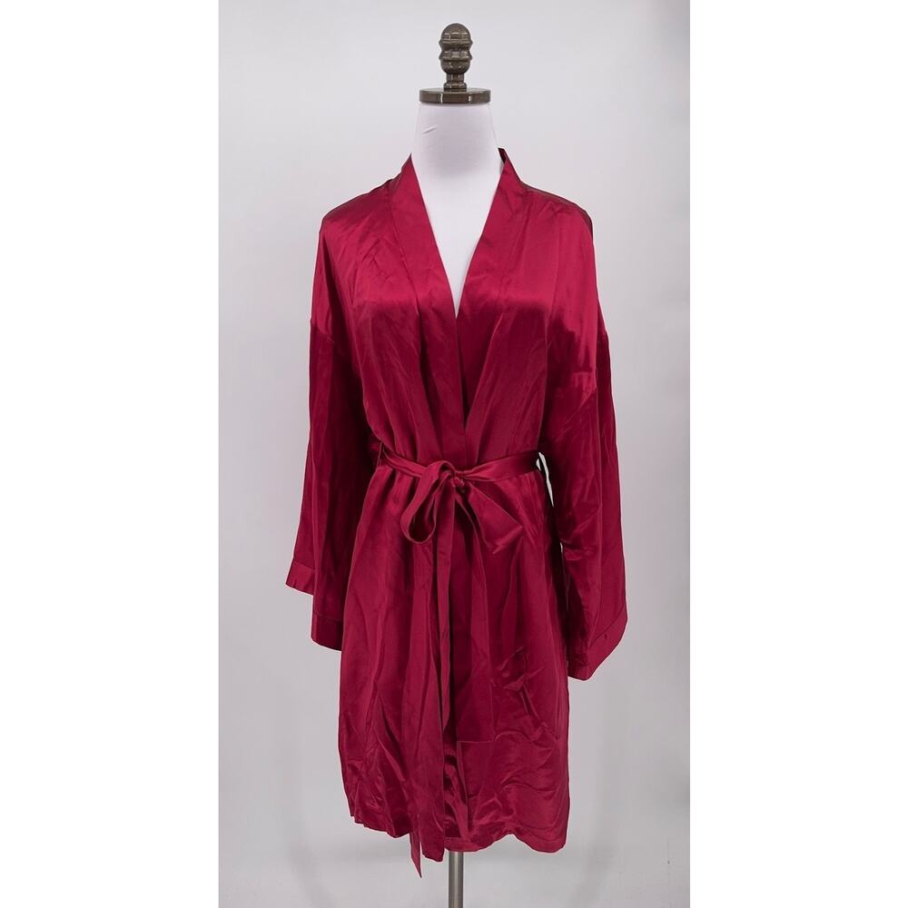 Shimera Womens Bright Red Satin Silk V Neck Tie Waist Kimono Robe Sz XL